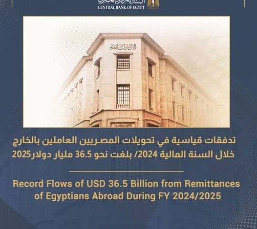 تحويلات المصريين العاملين بالخارج تسجل رقمًا قياسيًا بـ36.5 مليار دولار في 2024/2025