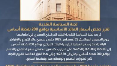 المركزي المصري يخفض أسعار الفائدة 2% لدعم استقرار السوق