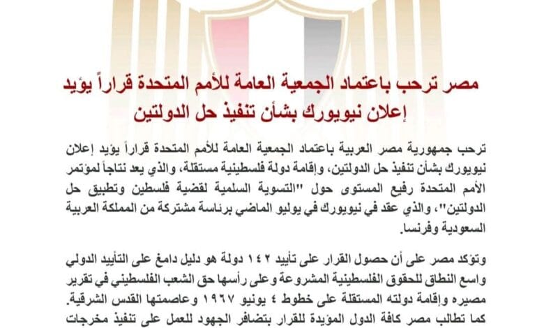 مصر ترحب باعتماد الأمم المتحدة قرارا يؤيد إعلان نيويورك بشأن تنفيذ حل الدولتين