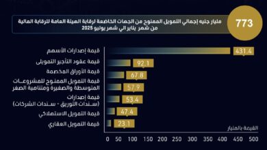 773 مليار جنيه إجمالي التمويل الممنوح من الجهات الخاضعة لهيئة الرقابة المالية بنهاية يوليو