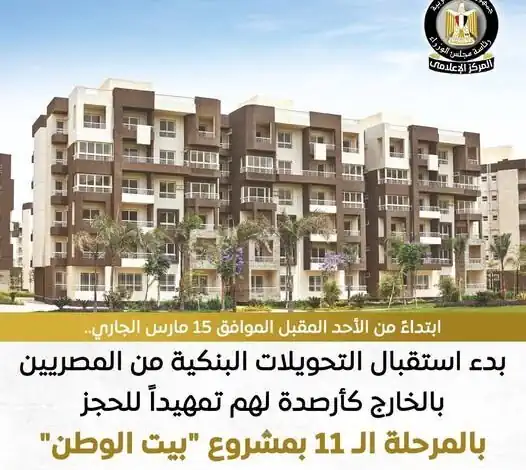  مجلس الوزراء: استقبال التحويلات البنكية لمشروع "بيت الوطن" ابتداءً من 15 مارس