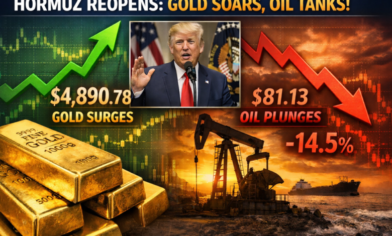 الذهب يقفز إلى 4890 دولار والنفط يهبط 14% بعد إعلان ترامب إعادة فتح مضيق هرمز